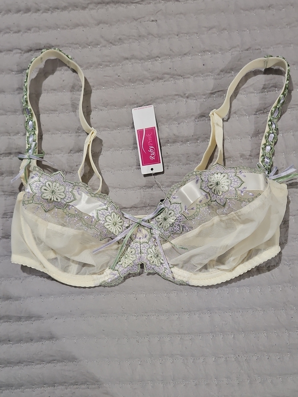RubyPink Ivory, Lilac, & Sage Floral Embroidered Lace Underwire Bra Sz 32DD NWT'